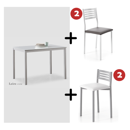 Conjunto mesa Leire + 2 sillas Klara + 2 taburetes Klara